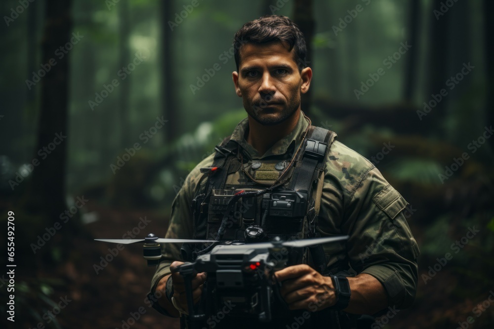 Military drone operator. Background with selective focus and copy space