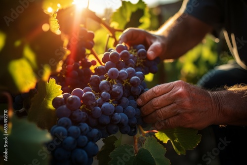 The hands of a winemaker or farmer picking delicious grapes during the harvest season. Background