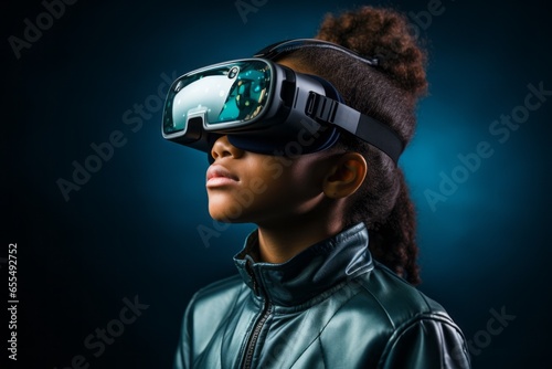 Portrait of a child wearing virtual or augmented reality glasses. Kid in VR mask, modern technology concept © top images