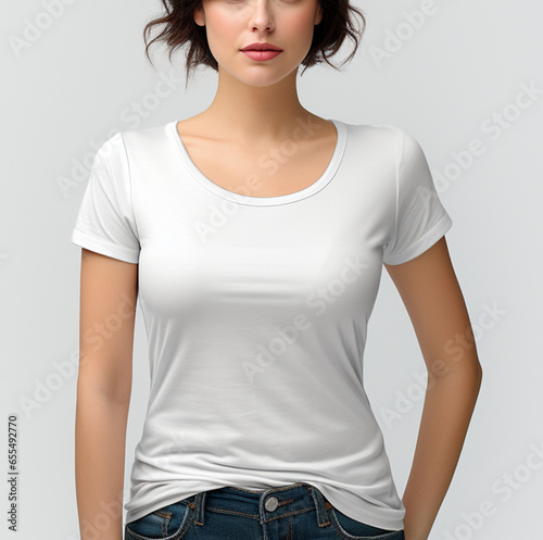Woman in white wide neck t shirt mock up for putting design woman on white background