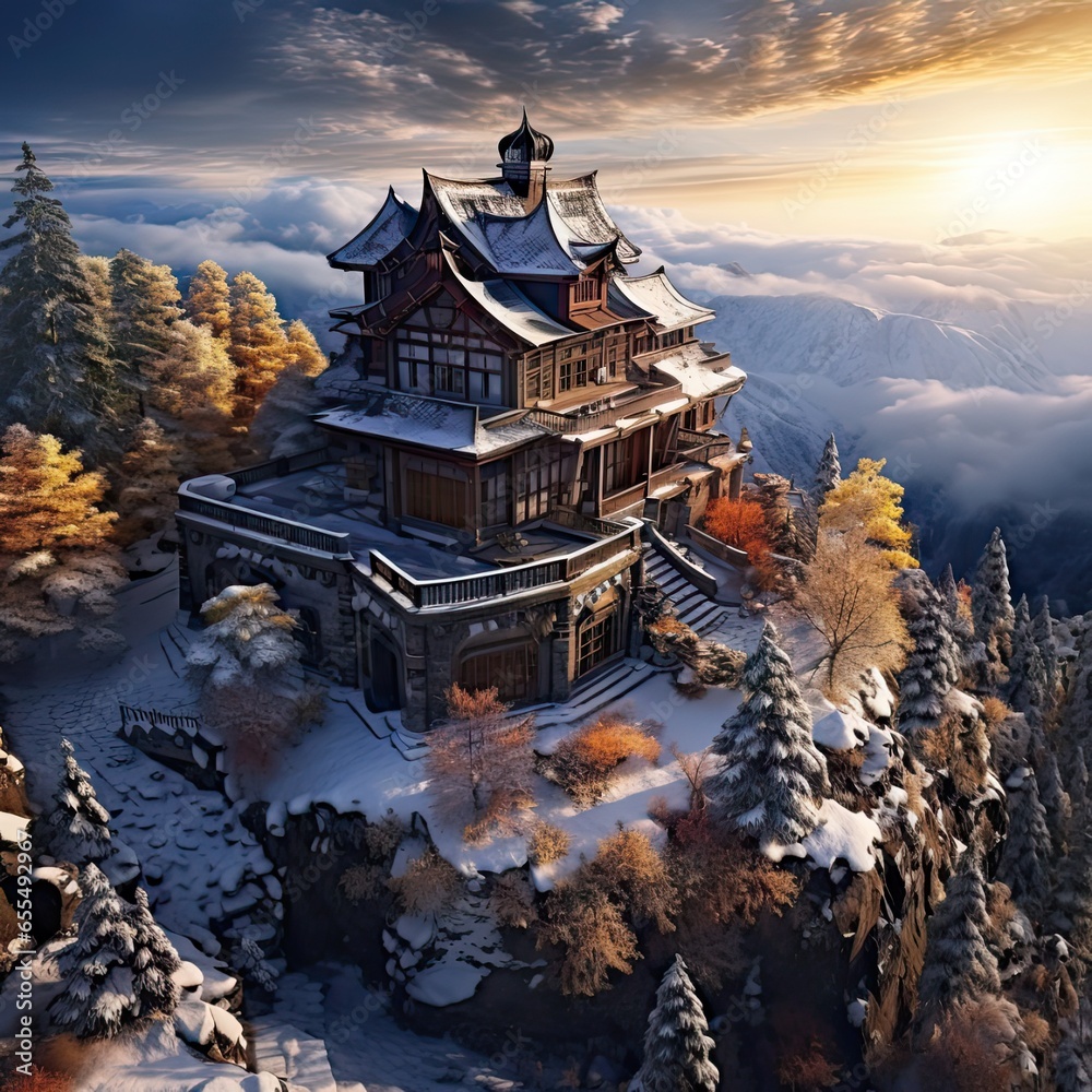 Scenery atmosphere. An ancient style house on a mountain in the morning with a little snow.