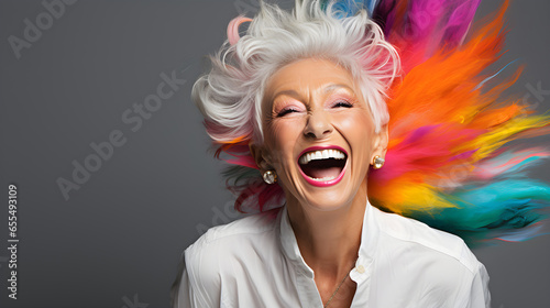 Slightly eccentric 50 or 60-year-old aunt. Colorful tipped white hair and a big laugh, she embodies confidence, positivity, and wellness. Crazy aunty concept