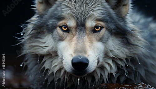 Cute puppy looking at camera  wet fur  in snowy outdoors generated by AI