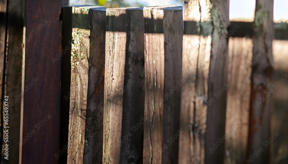 a cracked dark brown wooden fence Sunlight filtering through dappled rustic, old wooden fence