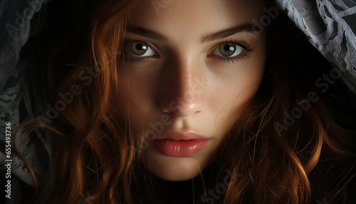 A beautiful young woman with brown hair looking at the camera generated by AI
