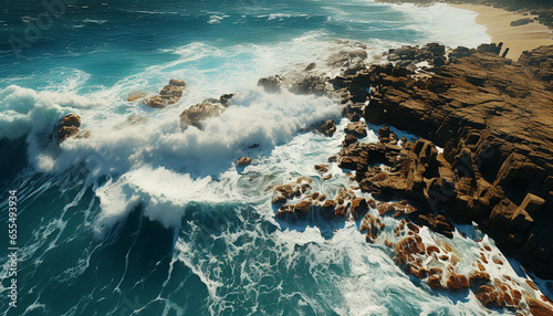 A breathtaking seascape waves crashing on rocky cliffs at sunset generated by AI