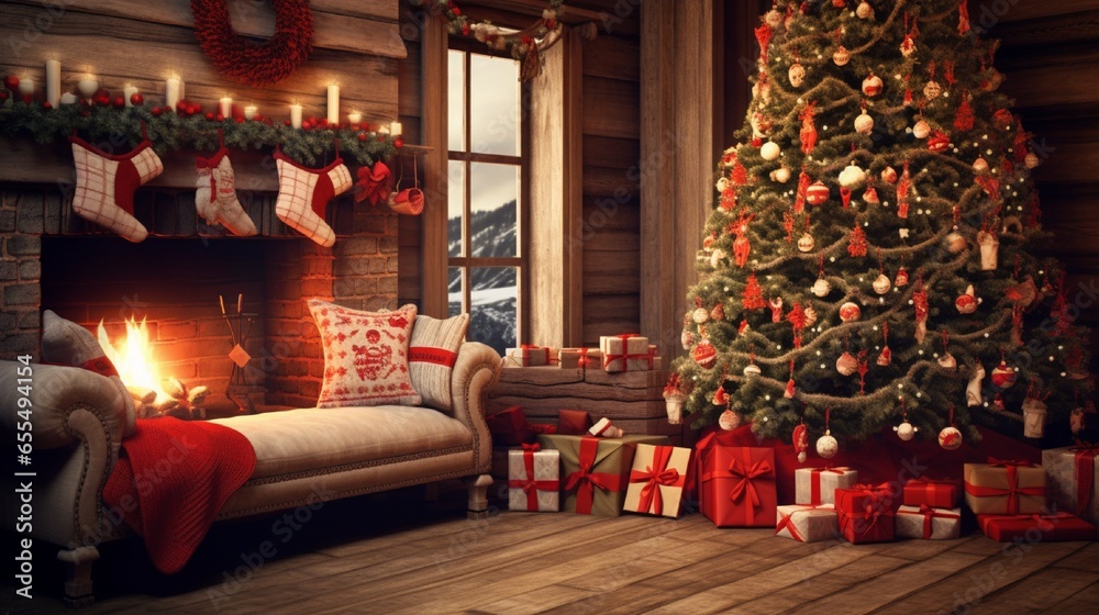 Fototapeta premium fireplace with Christmas decorations in room generated by AI tool 