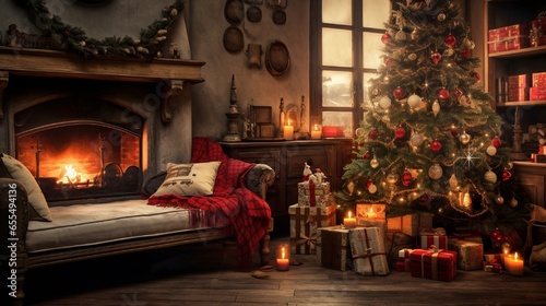 fireplace with Christmas decorations in room generated by AI tool  © Aqsa