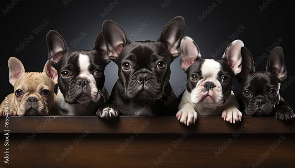 Cute French bulldog puppies sitting together, looking at camera generated by AI - obrazy, fototapety, plakaty 