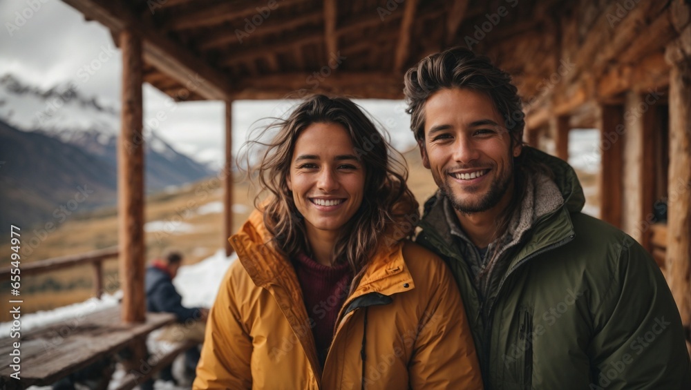Φωτογραφία couple smiling and traveling through Argentine Patagonia, snow season, Argentine