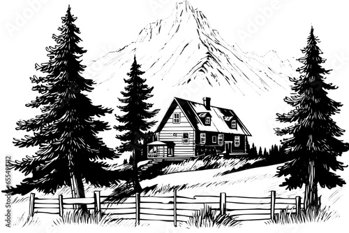 Mountain rural landscape hand drawn ink sketch. Engraving vintage style vector illustration