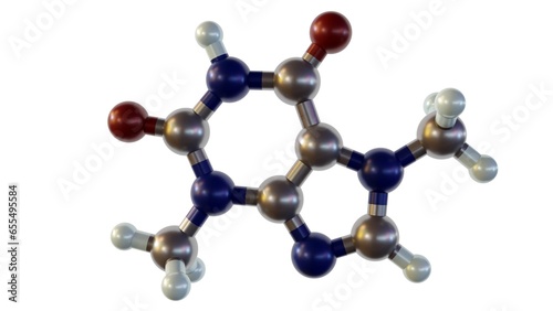Theobromine or xantheose, is the principal alkaloid of Theobroma cacao. Isolated theobromine molecules in the white background 3d rendering photo