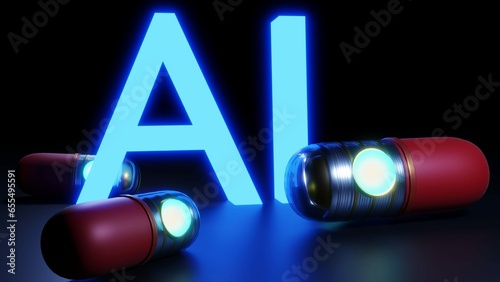 Artificial intellegence or AI technology with  Robot machine drug capsule in the black background 3d rendering photo
