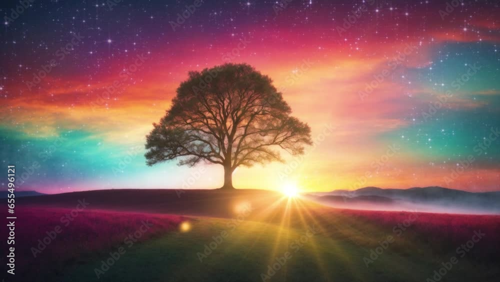 Animated landscape with a giant tree, the sun and the stars shining, tree of life concept, seamless loop motion background 4K