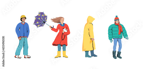 People walk in bad weather. Walk in the fall and winter in the rain. Set of isolated characters. Vector illustration.