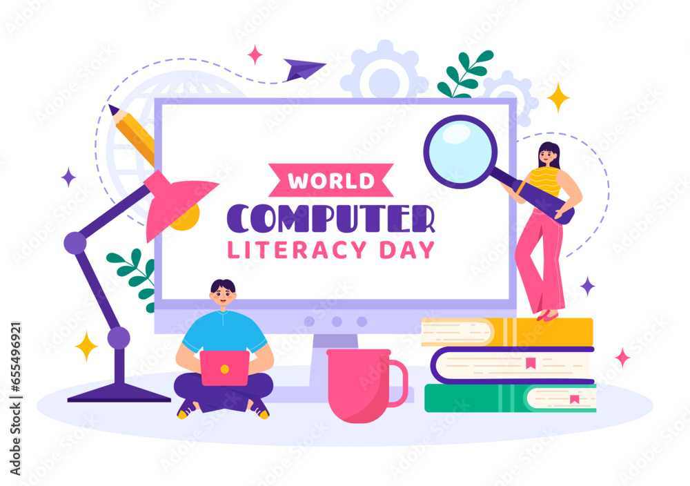 World Computer Literacy Day Vector Illustration on December 2 with Book and Media Equipment in Education Holiday Cartoon Hand Drawn Templates