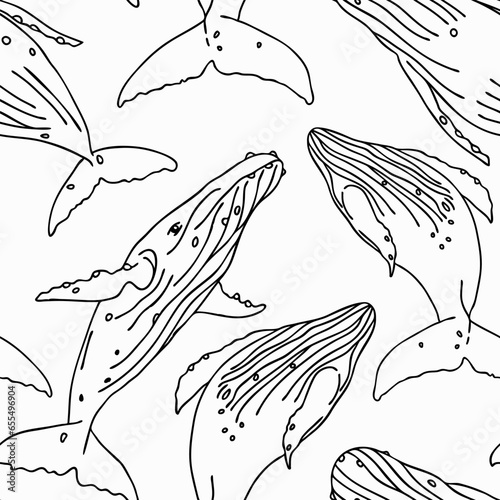 Seamless pattern illustraition with humpback whales swimming and jumping, on a white background