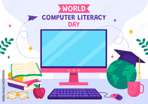 World Computer Literacy Day Vector Illustration on December 2 with Book and Media Equipment in Education Holiday Cartoon Hand Drawn Templates