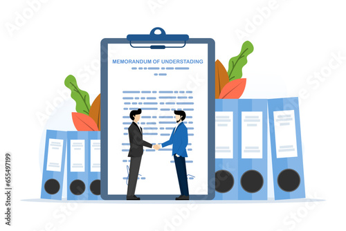 concept of legal document memorandum of understanding with stamp, businessman handshake on contract paper after agreement. establish business cooperation. employment agreement. cooperation signature.