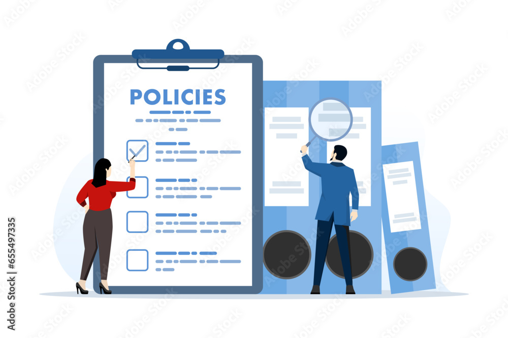 Concept of regulatory compliance rules for office employees to achieve business goals, moral standards and productivity, company policy board list with checklist. flat vector illustration. - obrazy, fototapety, plakaty 