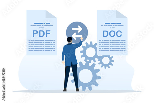 Concept of converting PDF to document file. Convert PDF. PDF converter from jpg, Screen with the conversion process or conversion of documents to other formats. Mobile converter technology. photo