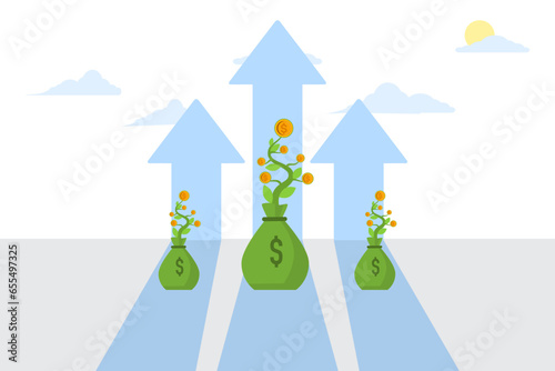 Money coin tree growth concept for Investment. Smart investment, business growth, progress or success symbol. successful investment. Growth of financial profits. Flat vector illustration.