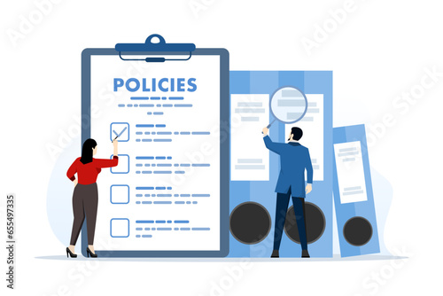 Concept of regulatory compliance rules for office employees to achieve business goals, moral standards and productivity, company policy board list with checklist. flat vector illustration. photo