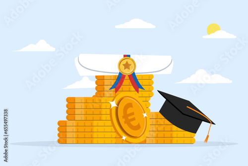 concept of education costs, school fees or scholarships, money for university or graduation, student fees or debt, college diploma, Euro money coins with graduation cap and mortarboard certificate.