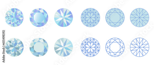 ラウンドブリリアントカットのイラストセット　ダイヤモンドのベクター素材　挿絵　Illustration set of round brilliant cut	