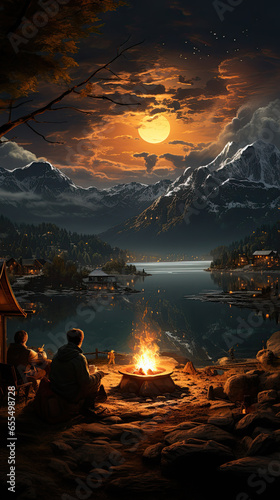 High resolution 9:16 illustration of people camping around a campfire on a lake and mountains on a beautiful night.AI generated
