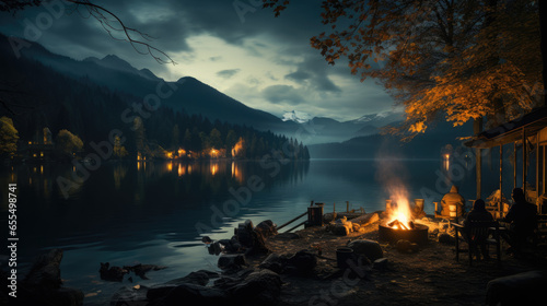High resolution 16 9 illustration of people camping around a campfire on a lake and mountains on a beautiful night.AI generated
