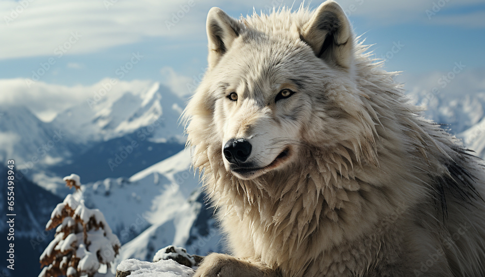 Majestic wolf in snowy landscape, eyes focused on camera generated by AI Majestic wolf in snowy landscape, eyes focused on camera generated by AI