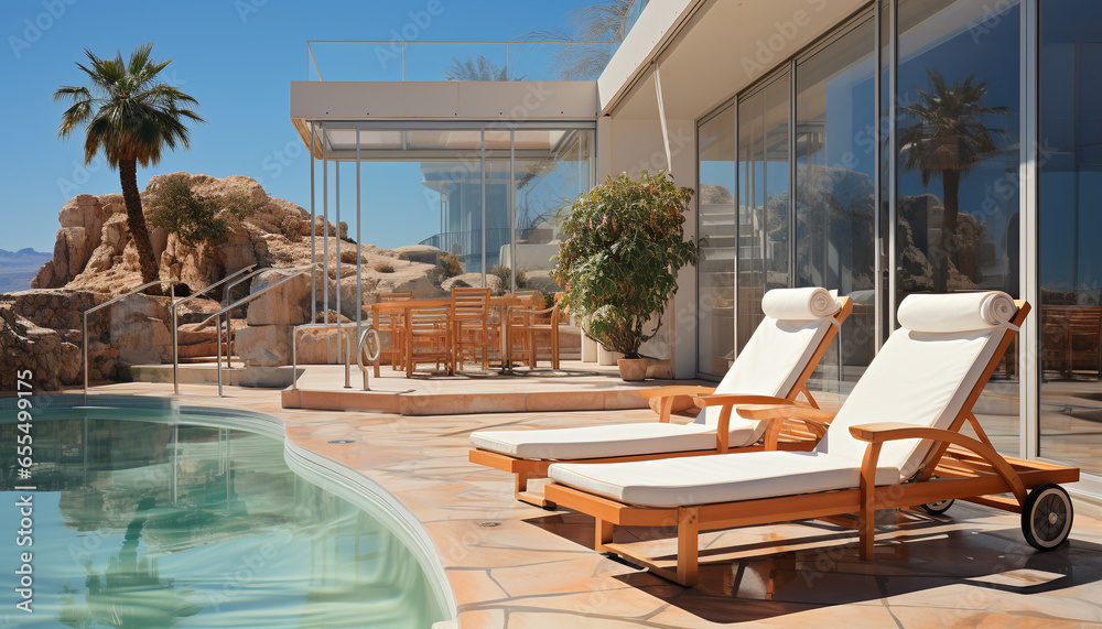 Luxury vacations in a modern tourist resort, relaxation by the poolside generated by AI