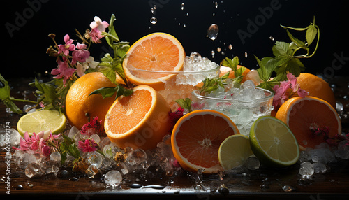 Freshness in a glass  citrus  lime  lemon  ice  cocktail  slice  orange  wet  healthy generated by AI