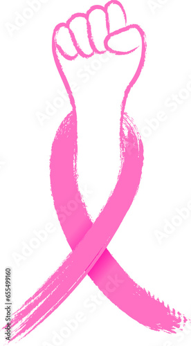 Fist with a pink ribbon brush style. Symbol of victory over breast cancer. Vector illustration.