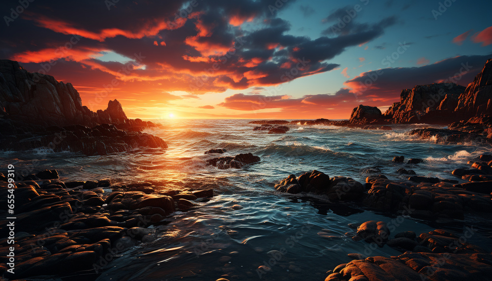 Sunset over the rocky cliff, coastline, and tranquil seascape generated by AI