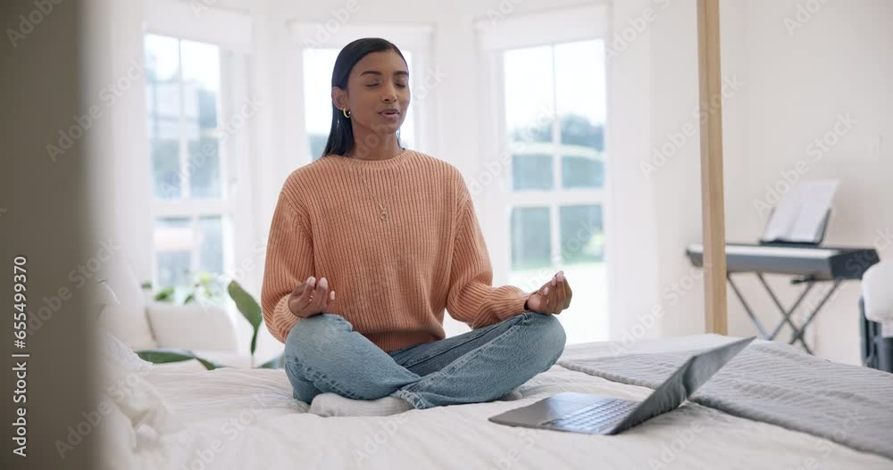 Woman on bed, meditation and lotus pose with mindfulness, zen and wellness for self care and peace of mind at home. Breathing, calm and yoga in bedroom, holistic healing and spiritual with balance Woman on bed, meditation and lotus pose with mindfulness, zen and wellness for self care and peace of mind at home. Breathing, calm and yoga in bedroom, holistic healing and spiritual with balance