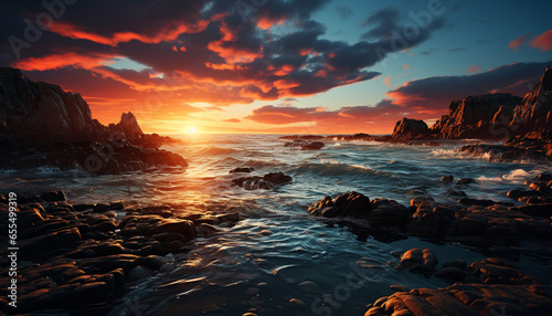 Sunset over the rocky cliff  coastline  and tranquil seascape generated by AI