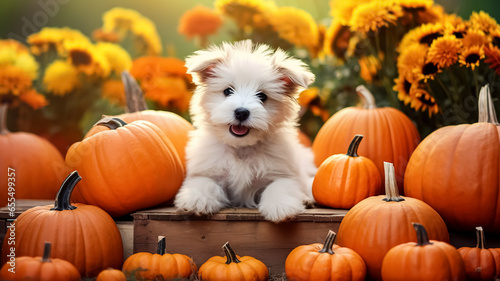 Beautiful cute puppy with pumpkins and yellow flowers. Thanksgiving background. photo