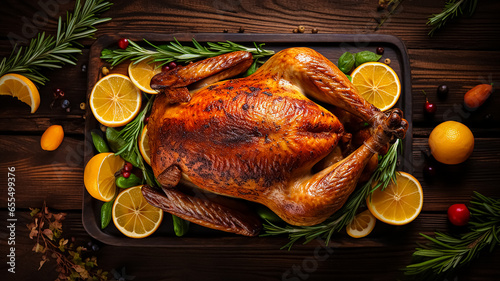 Appetizing roasted turkey with vegetables and spices on a dark blurred background. Traditional Thanksgiving dish.