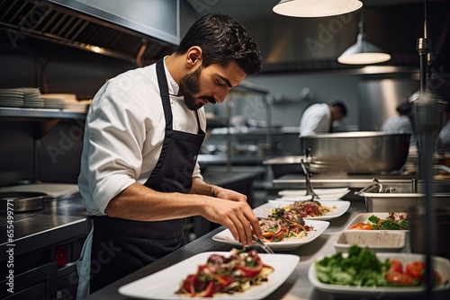 Chef preparing a salad in a restaurant for visitors. Cook man neatly decorates the dish. Young professional chef adding some piquancy to meal.