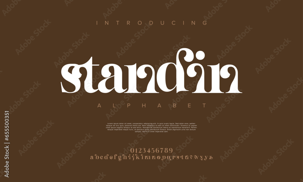 Standing premium luxury elegant alphabet letters and numbers. Elegant wedding typography classic serif font decorative vintage retro. Creative vector illustration