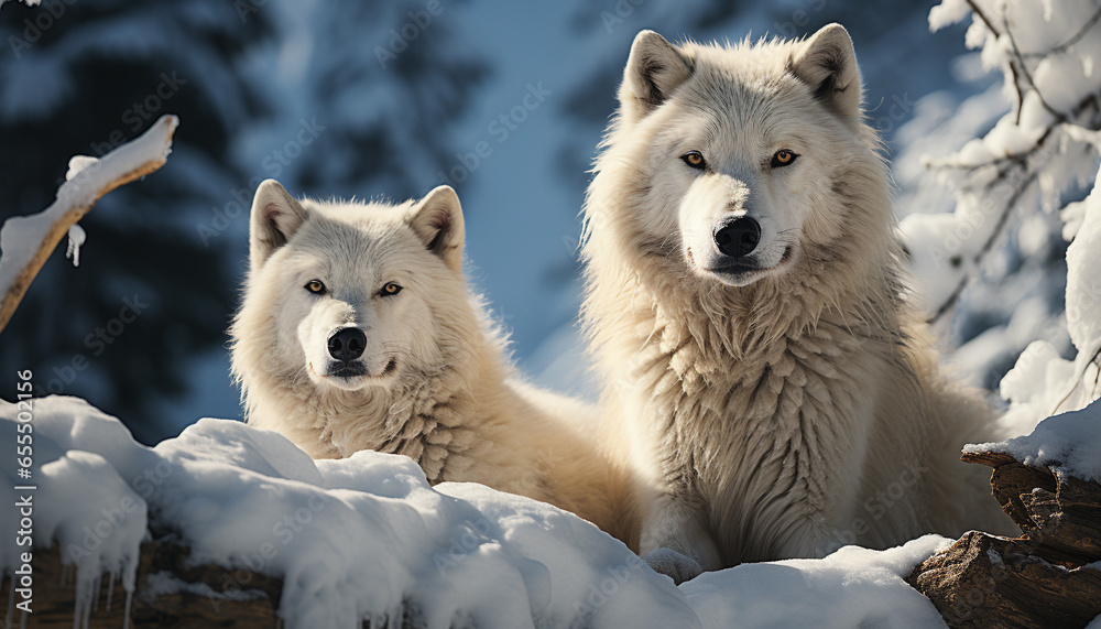 Fototapeta premium A cute Samoyed puppy playing in the snowy winter forest generated by AI