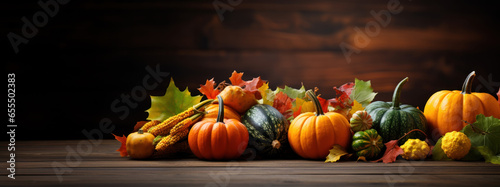 Thanksgiving Celebration with Pumpkins  Squash  and Autumn Leaves on a Rustic Dark Wood Table Background
