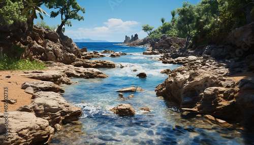 Idyllic sunset over tranquil waters, rocky coastline, and lush green forest generated by AI