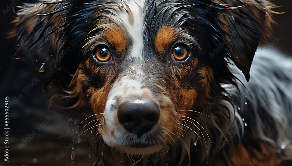 Cute puppy, wet fur, looking at camera, sitting indoors generated by AI