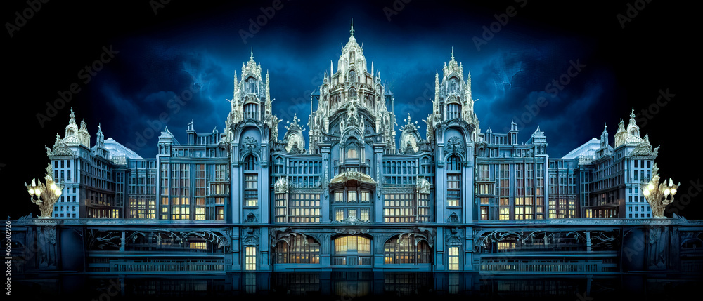 Illustration of a striking neo-Gothic structure with gleaming spires, arches, and ornate carvings; with a contemporary cityscape backdrop, all bathed under a hauntingly beautiful cerulean blue sky.