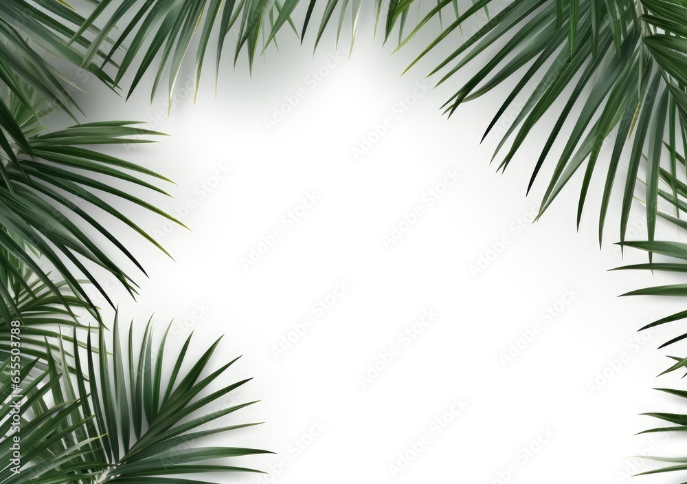 Group of green leaf frame on white. Summer palm leaves on White background, AI Generative. Group of green leaf frame on white. Summer palm leaves on White background, AI Generative.