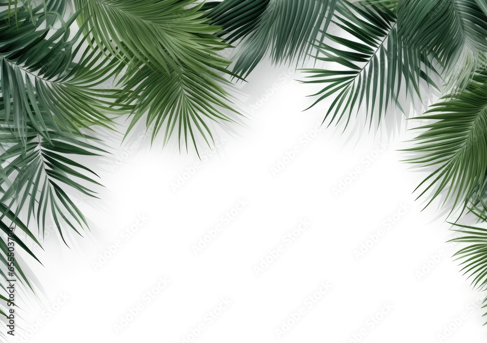 Group of green leaf frame on white. Summer palm leaves on White background, AI Generative.