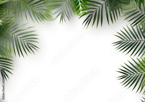 Group of green leaf frame on white. Summer palm leaves on White background  AI Generative.